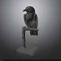 Decorative Gray Bird Statue Perched On Branch Stand With Square Base 3d model