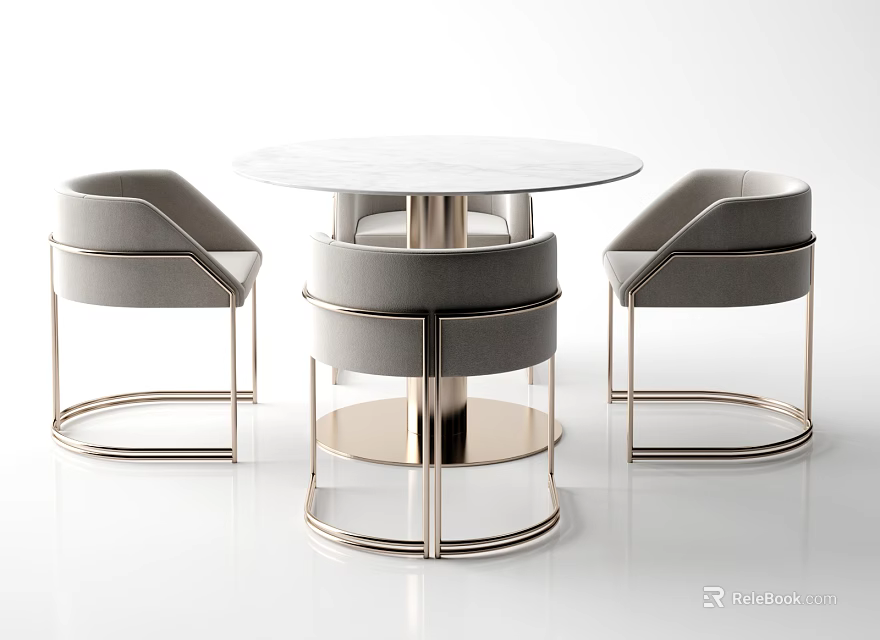 Elegant Modern Round Marble Table And Gray Chair Set With Metal Frame 3d model