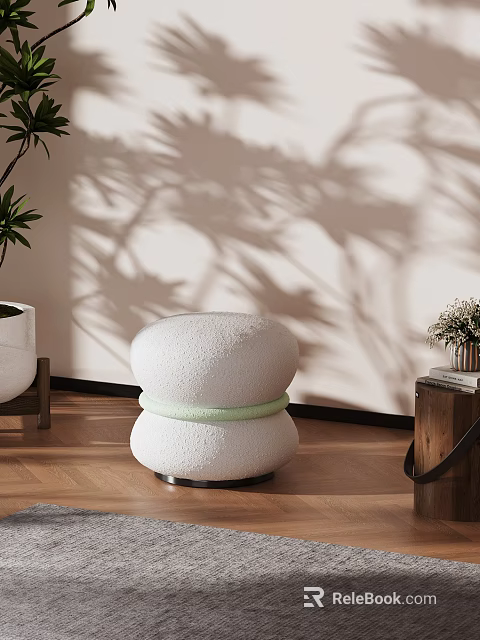 Modern Round White Accent Chair With Textured Surface Light Green Accent Strap And Plant Shadow 3d model 