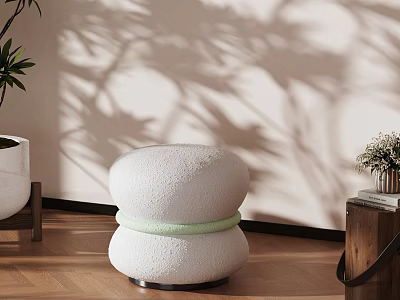 Modern Round White Accent Chair With Textured Surface Light Green Accent Strap And Plant Shadow 3d model