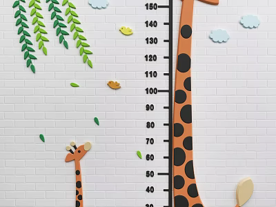 Cute Kids Room Wall Decor with Giraffe Figures Height Ruler Green Leaves Birds and Clouds 3d model