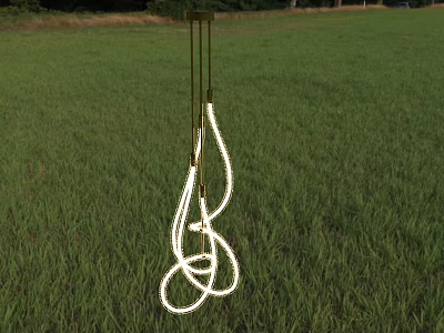 Golden Frame Chandelier With White Spiral Light Cord Illuminated In Green Grass Field 3d model