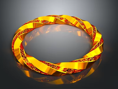 Golden Circular Decorative Furniture Element With Twisted Design And Red Accents 3d model