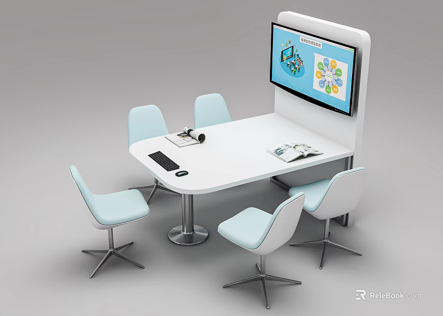 Modern White Conference Table With Blue Chairs Tablet Keyboard And Display Screen For Data Analysis 3d model 