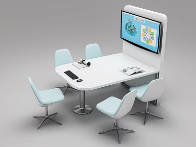 Modern White Conference Table With Blue Chairs Tablet Keyboard And Display Screen For Data Analysis 3d model