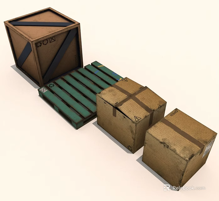 Brown Cardboard Boxes With Straps On Green Wooden Pallet For Shipping 3d model 