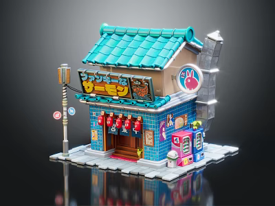 Cartoon Scene Featuring Japanese Style Shop Turquoise Roof Red Lanterns Street Lamp And Vending Machine 3d model