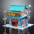 Cartoon Scene Featuring Japanese Style Shop Turquoise Roof Red Lanterns Street Lamp And Vending Machine