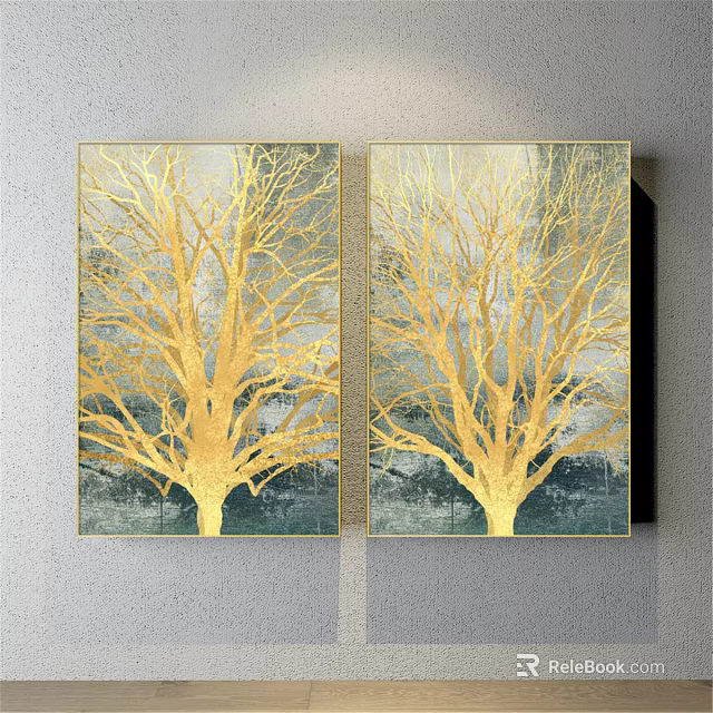 Abstract Painting With Golden Tree Branches Two Panel Gray Green Background Wall Art 3d model
