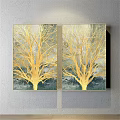 Abstract Painting With Golden Tree Branches Two Panel Gray Green Background Wall Art 3d model