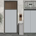 Stainless Steel Elevators In Modern Lobby Interior With Marble Walls Wooden Slat And Potted Plant