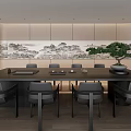 Elegant Restaurant Interior With Long Table Black Chairs And Landscape Painting Wall Decor