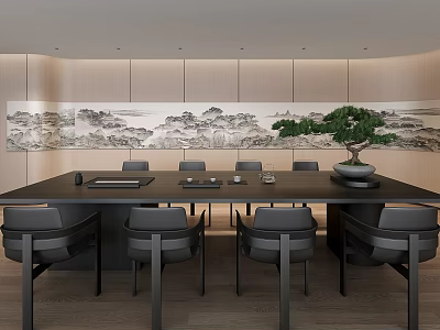 Elegant Restaurant Interior With Long Table Black Chairs And Landscape Painting Wall Decor 3d model