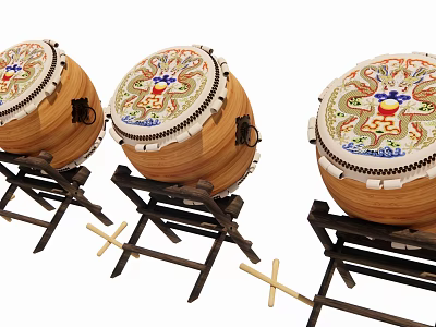 Traditional Wooden Musical Drums with Colorful Painted Drumheads on Black Stands and Drumsticks 3d model