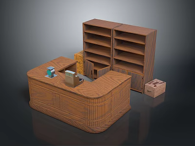 Stylish Wooden Counter With Curved Design And Bookshelf In Interior Setting 3d model