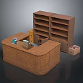 Stylish Wooden Counter With Curved Design And Bookshelf In Interior Setting
