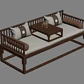 Traditional Chinese Luohan Bed With Wooden Frame Beige Cushions And Small Coffee Table