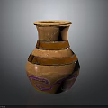 Decorative Clay Pot With Orange Ring Accents And Purple Wavy Patterns