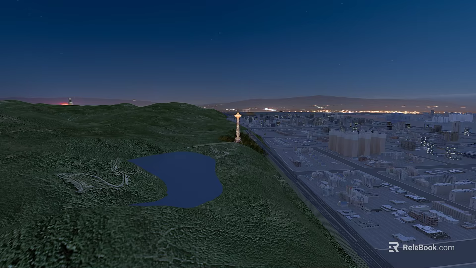 Scenic Tower On Green Hill With Lake And Distant City Lights At Night 3d model 