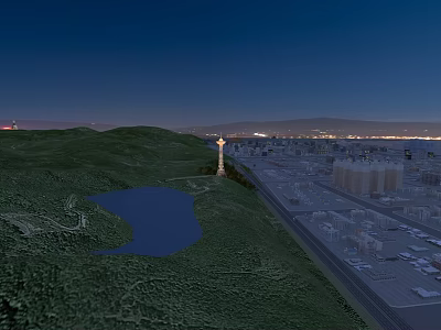 Scenic Tower On Green Hill With Lake And Distant City Lights At Night 3d model