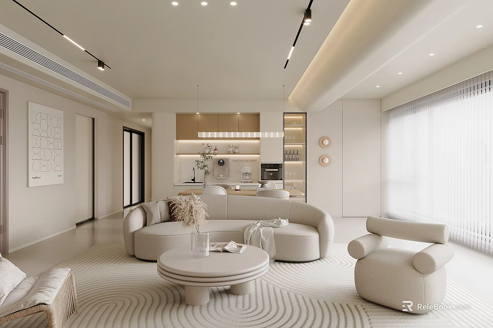 Modern Living Dining Room Interior With Curved Sofa Round Coffee Table Wave Rug And Soft Lighting 3d model 