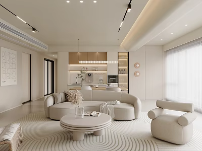 Modern Living Dining Room Interior With Curved Sofa Round Coffee Table Wave Rug And Soft Lighting 3d model
