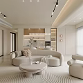 Modern Living Dining Room Interior With Curved Sofa Round Coffee Table Wave Rug And Soft Lighting
