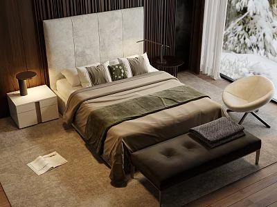 Modern Warm Bedroom Interior With Double Bed Upholstered Headboard Bench Chair And Snowy View 3d model