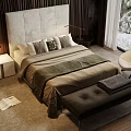 Modern Warm Bedroom Interior With Double Bed Upholstered Headboard Bench Chair And Snowy View