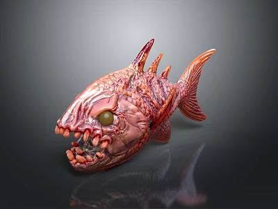 Vibrant Red Fierce Aquatic Fish Model With Sharp Teeth Spiky Fins And Green Eyes 3d model