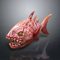 Vibrant Red Fierce Aquatic Fish Model With Sharp Teeth Spiky Fins And Green Eyes