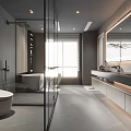 Modern Bathroom Interior With Glass Shower Free Standing Tub Marble Walls And Double Vanity