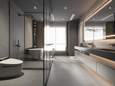 Modern Bathroom Interior With Glass Shower Free Standing Tub Marble Walls And Double Vanity 3d model
