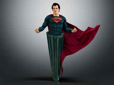 Man in Superman Costume Standing with Red Flowing Cape on Green Column Base 3d model