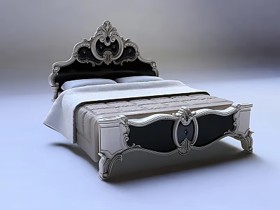 Luxurious Ornate Double Bed with Intricate Carved Headboard and Silver Black Frame 3d model