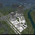 Modern High Rise Office Buildings Surrounded by Greenery River and City Roads in Urban Landscape
