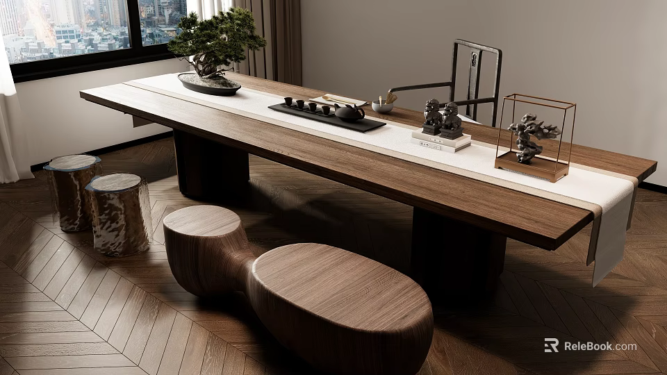Modern Wooden Tea Table And Chairs With Bonsai Plant And Tea Set 3d model 