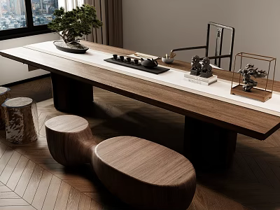 Modern Wooden Tea Table And Chairs With Bonsai Plant And Tea Set 3d model