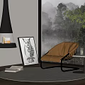 Brown Leather Leisure Chair With Metal Frame In Living Room By Window And Fireplace