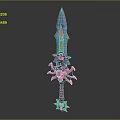 Intricate Decorative Sword With Blue Blade Golden Accents And Red Gem Hilt