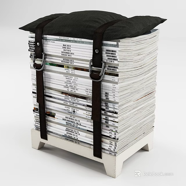 Creative Stacked Bookcase With Piled Books Secured By Black Straps And Supported On White Base 3d model 