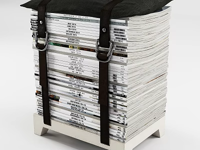 Creative Stacked Bookcase With Piled Books Secured By Black Straps And Supported On White Base 3d model