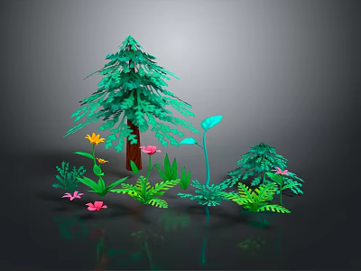 Lush Green Pine Tree Surrounded By Various Plants Ferns And Colorful Flowers 3d model