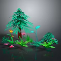 Lush Green Pine Tree Surrounded By Various Plants Ferns And Colorful Flowers