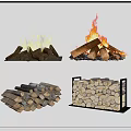 Stone Wood Fireplace Logs Burning with Flames and Stacked Wood Storage Rack