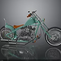 Turquoise Custom Chopper Motorcycle With Orange Seat Chrome Parts And Large Wheels
