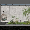 Garden Decor Featuring Hanging Chair Stone Wall Green Plants Skylight Pebbles and Lantern
