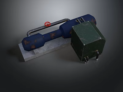 Rusted Blue Pipe With Red Valve Green Square Box With Wheels On Gray Base 3d model