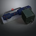 Rusted Blue Pipe With Red Valve Green Square Box With Wheels On Gray Base