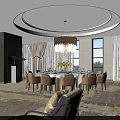 Elegant Private Box Interior Design Featuring Round Dining Table Chandelier And Chairs 3d model